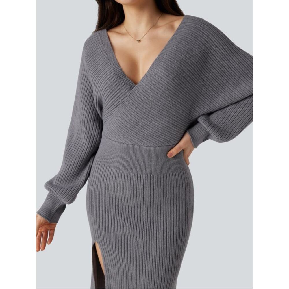 NWOT Halara V-neck Batwing Long Sleeve Split Bodycon Midi Sweater Dres - Picture 4 of 11
